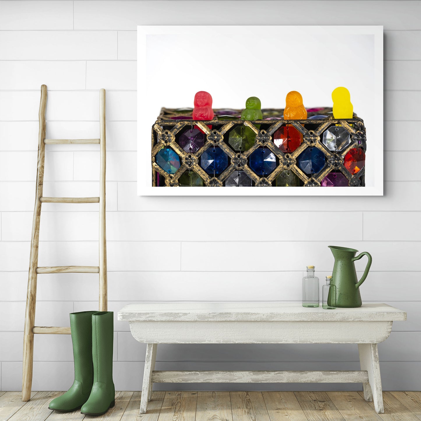You're A Gem - 267032v1 photographic artwork showing four colourful confectionery figures perched above an ornate jewel-covered object, displayed in a contemporary interior.