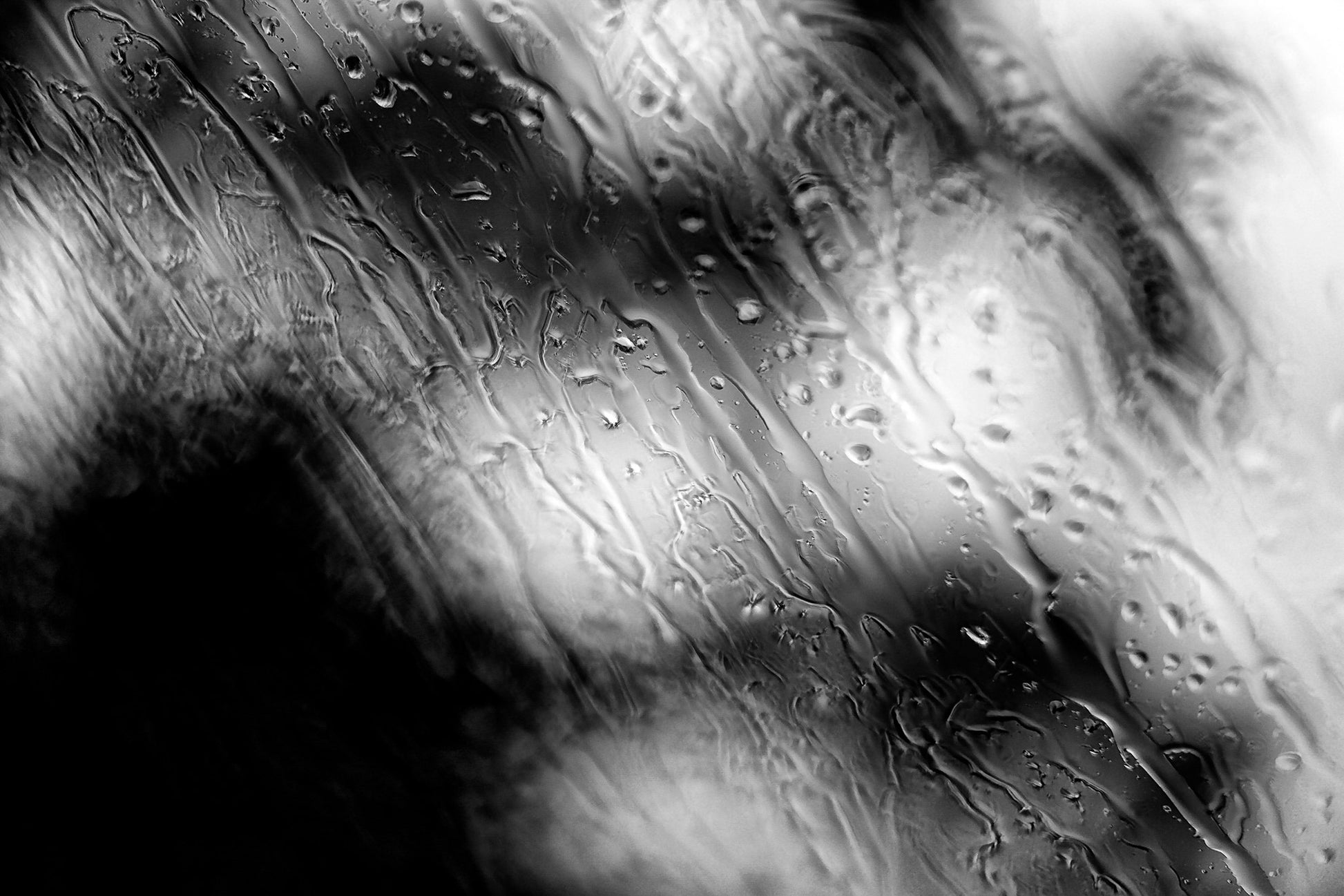 Coastal Noir 7964 - 90x60cm, black and white coastal scene of trees and shoreline blurred behind rain-speckled glass, minimalist fine art print.