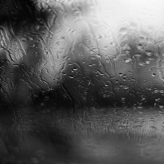Coastal Noir 7974 - Close Detail View, black and white coastal photograph with rain-speckled glass creating soft abstract forms and horizontal flow.