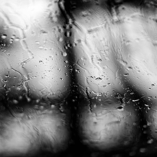 Coastal Noir 8007 - Close Detail View, black and white coastal scene with rain on glass and abstracted tree forms in soft focus.