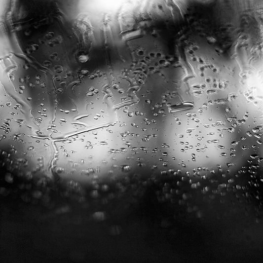Coastal-Noir 8147 - Close Detail View, black and white coastal photograph with rain-speckled glass creating soft abstract textures over blurred landscape.