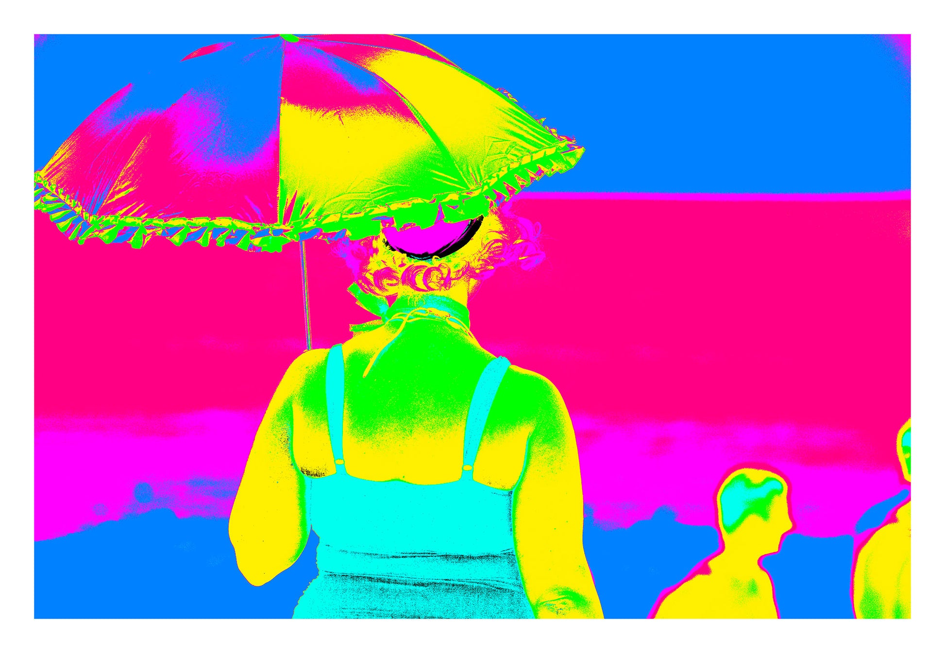 Vivid Country - Coffs Harbour Beach Day Out - 36904663v7 - 104x74cm, a woman in a vintage swimsuit and sun hat holding a rainbow parasol, rendered in ultra-saturated neon tones against a vivid pink sky, capturing the playful spirit of Australian beach life.
