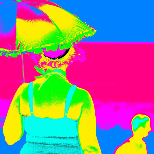 Vivid Country - Coffs Harbour Beach Day Out - 36904663v7 - Close Detail View, a woman in a vintage swimsuit and sun hat holding a rainbow parasol, rendered in ultra-saturated neon tones against a vivid pink sky, capturing the playful spirit of Australian beach life.
