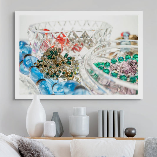 Still Life artwork of blue, green, red, gems and jewels in crystal boxes by Australian photographer Raymond Mather at ART1 Fine Art Photography, situated in Art Placer room view.