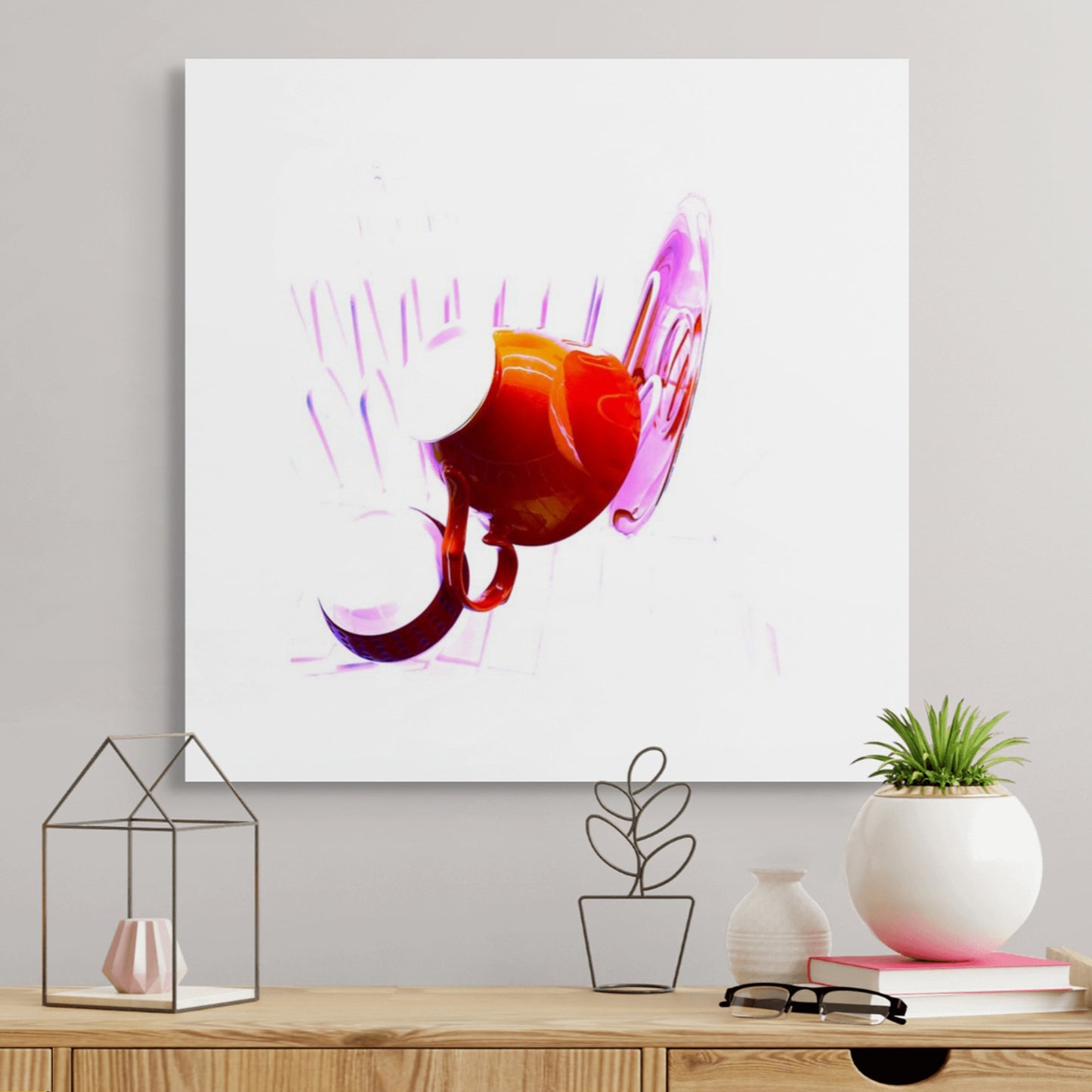 Artwork of Pink and red tea cup and saucer within a  kitchen drainer artwork by Australian photographer Raymond Mather in an Art Placer room view
