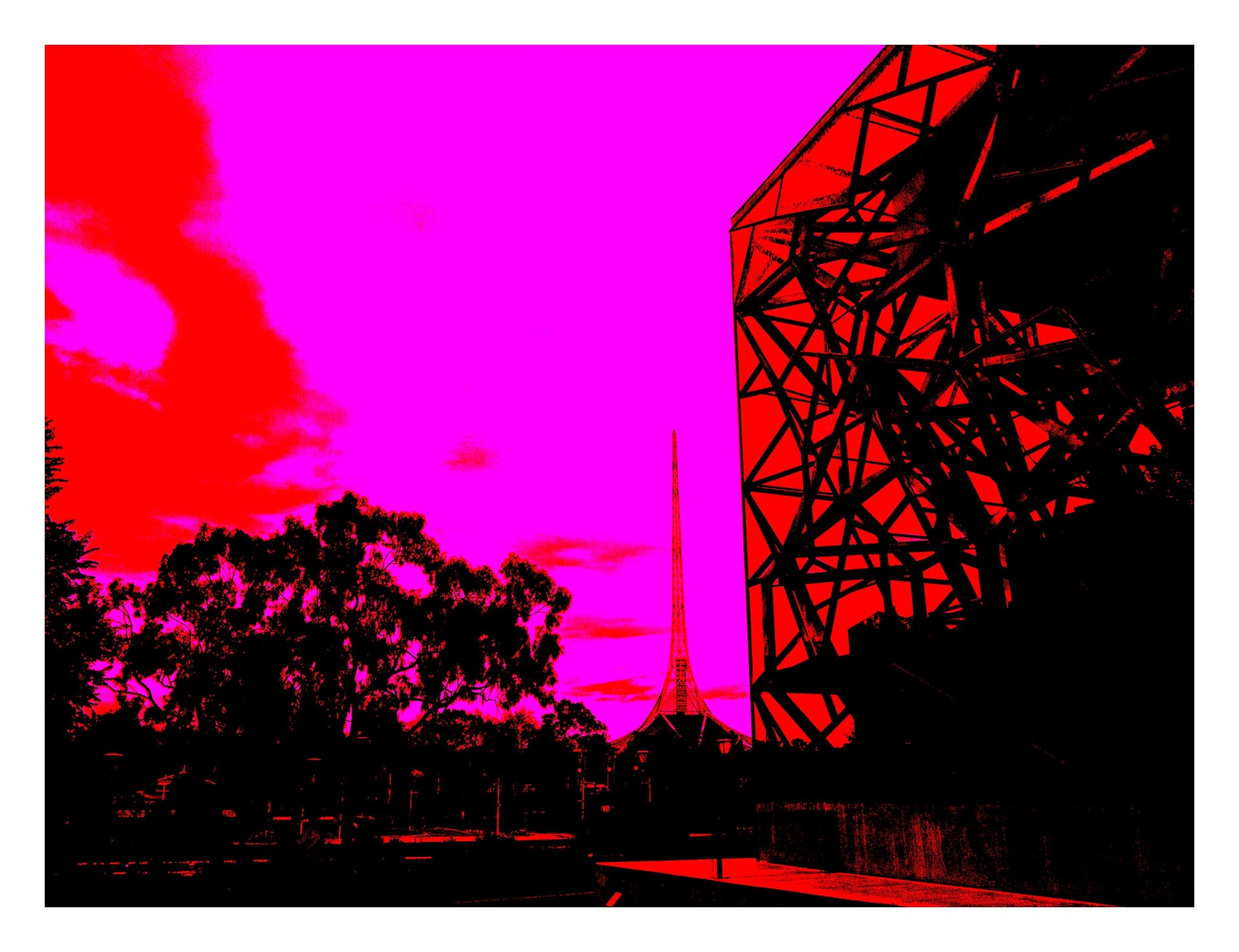Vivid Country - Melbourne Art Centre from Fed Square - 0046-2v3 - 104x81.5cm, a striking Pop Art-style view of Melbourne’s Federation Square architecture and the Arts Centre spire, set against a vivid pink and red sky.