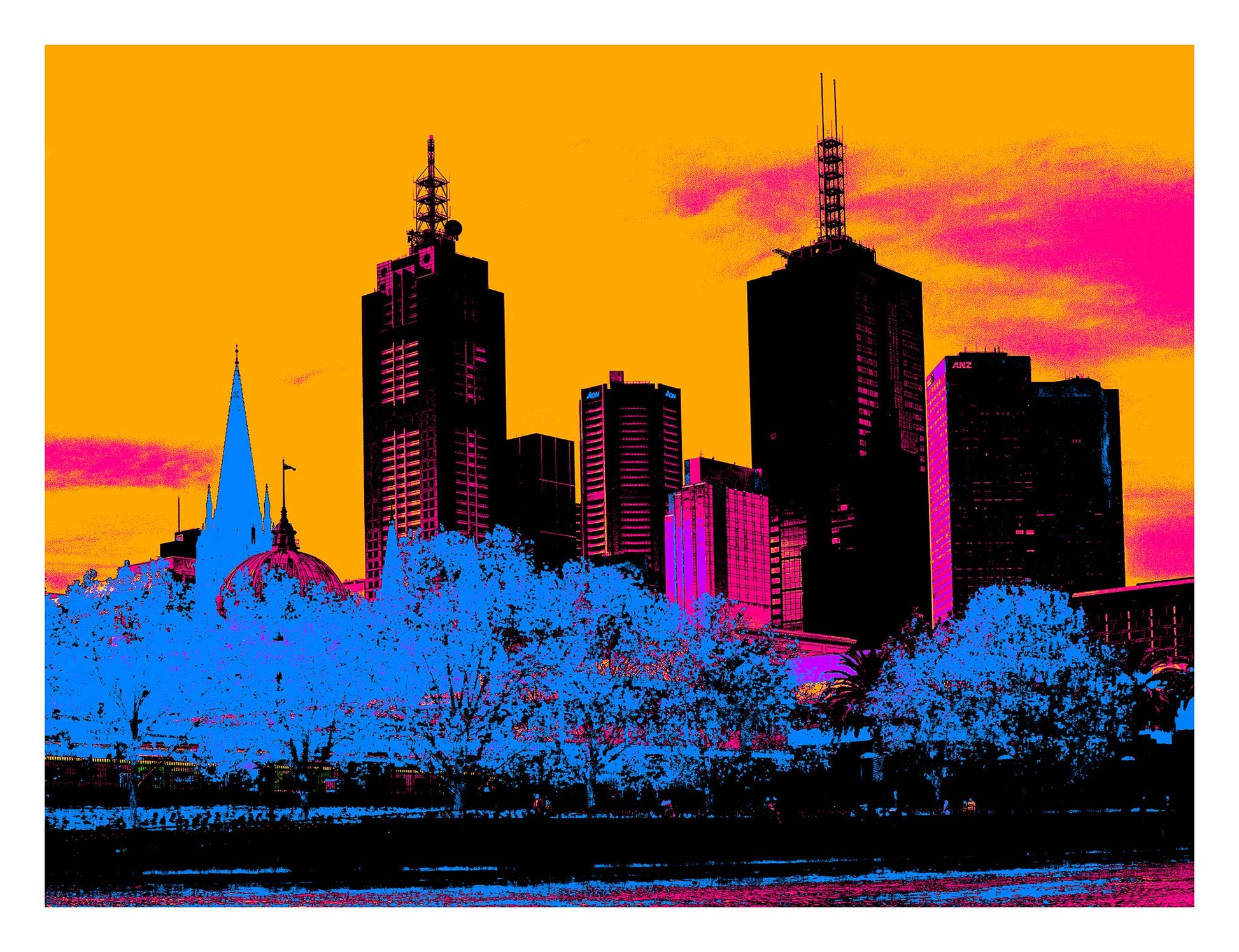 Vivid Country - Melbourne City Skyline - 0218v7a - 104x81.5cm, a bold Pop Art reimagining of Melbourne’s skyline featuring skyscrapers, heritage domes, and church spires set against a vivid orange pink sky and glowing blue treetops.