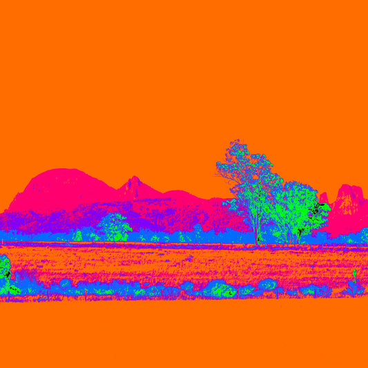 Vivid Country - Warrumbungle - 4715v14a - Close Detail View, a striking Pop Art-style fine art print of the Warrumbungle Ranges in Central NSW, featuring vivid pink and violet landforms beneath an intense orange sky, with neon green trees and fiery red plains in the foreground.