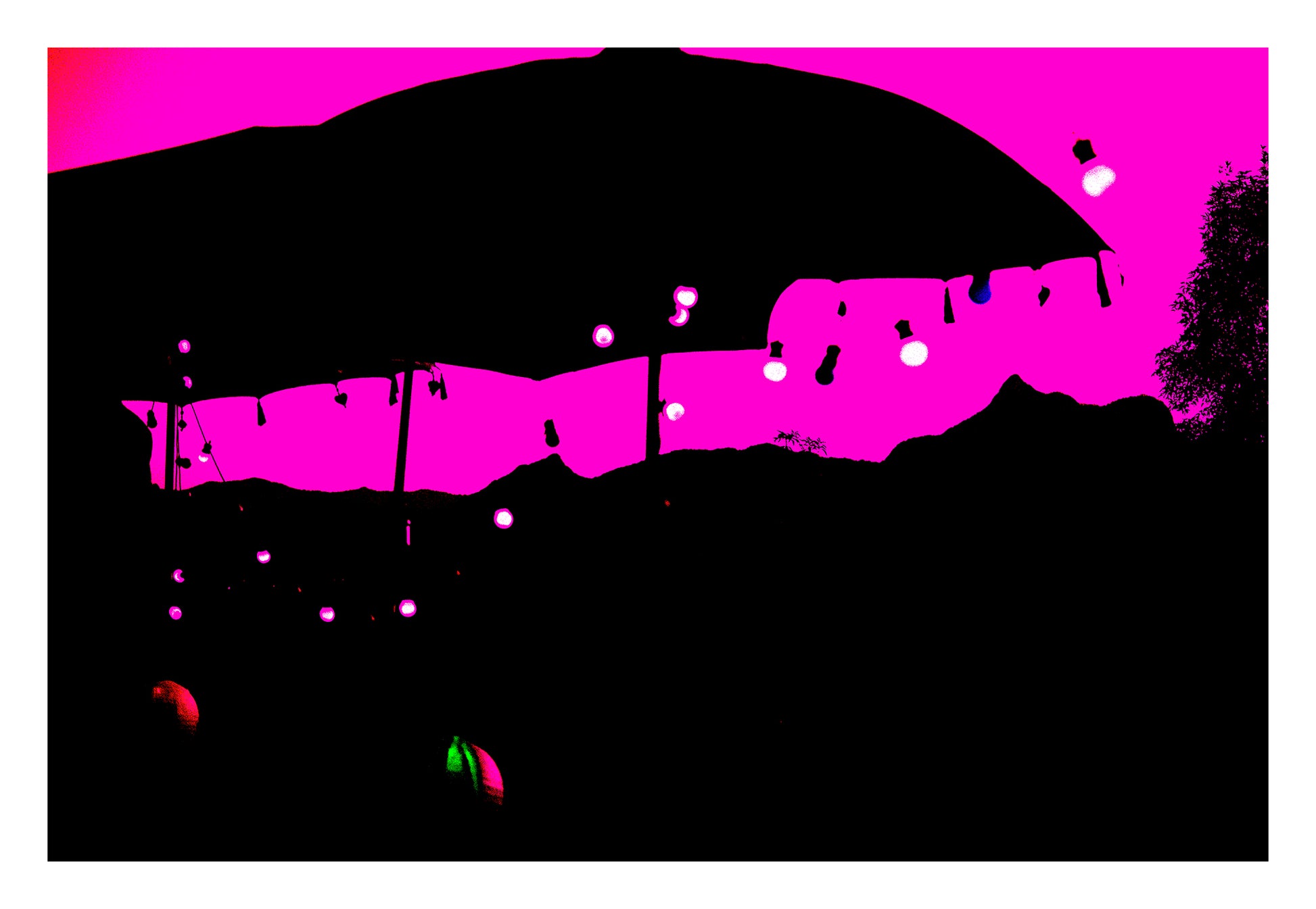 Vivid Country - Wollumbin Party Lights - 8771v6 - 104x74cm, a stylised Pop Art print showing the silhouette of Wollumbin beneath a market umbrella and string lights, set against a vivid magenta sky. Lantern bulbs and soft shapes create a festive foreground, merging landscape and celebration.