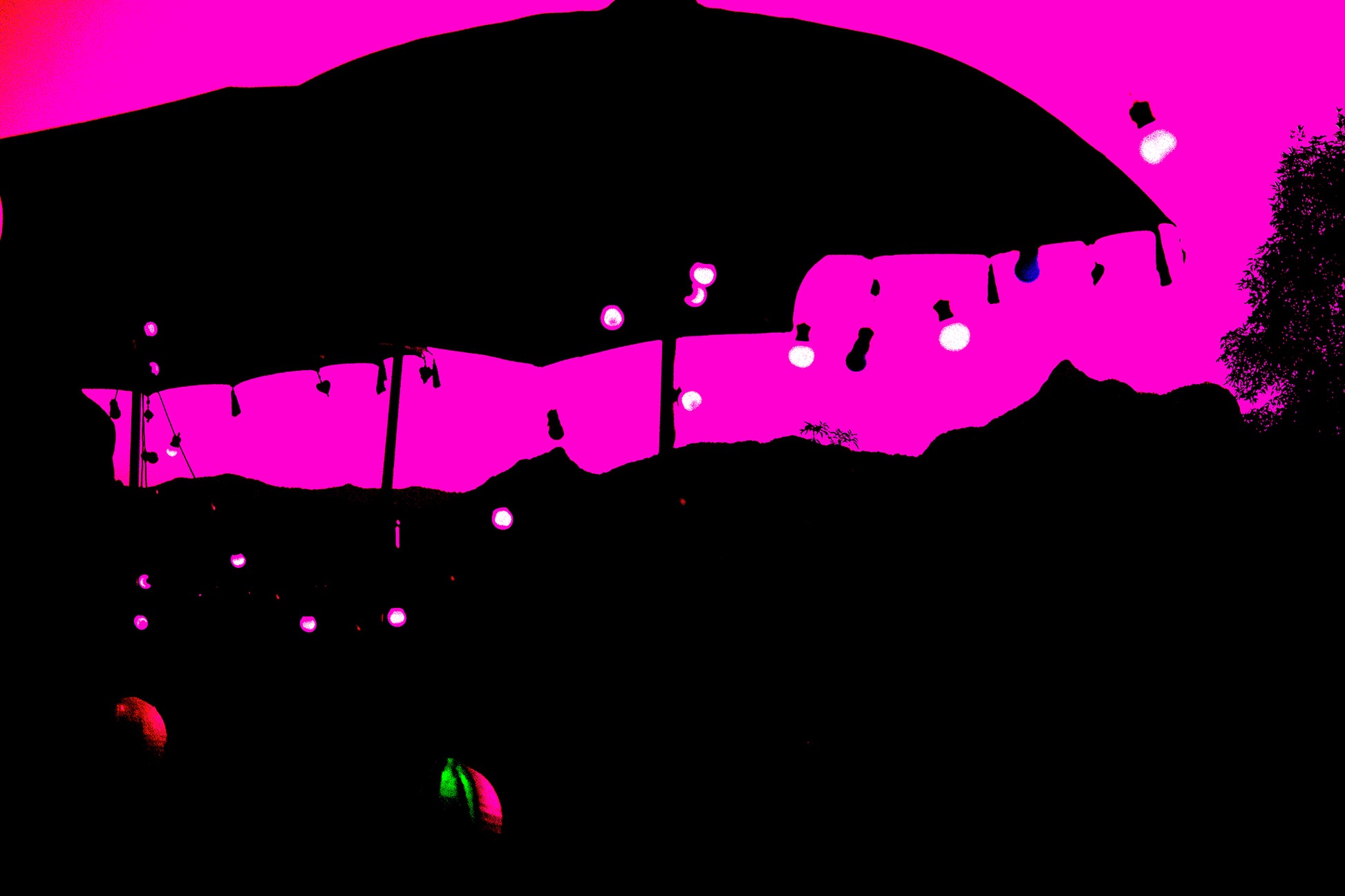 Vivid Country - Wollumbin Party Lights - 8771v6 - 90x60cm, a stylised Pop Art print showing the silhouette of Wollumbin beneath a market umbrella and string lights, set against a vivid magenta sky. Lantern bulbs and soft shapes create a festive foreground, merging landscape and celebration.
