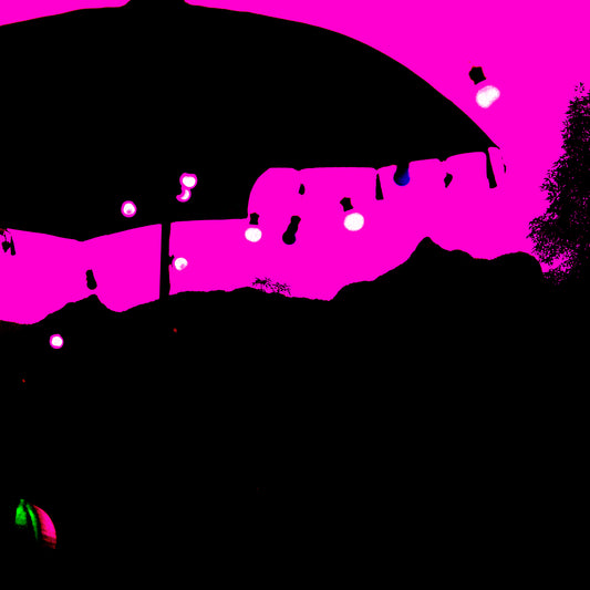 Vivid Country - Wollumbin Party Lights - 8771v6 - Close Detail View, a stylised Pop Art print showing the silhouette of Wollumbin beneath a market umbrella and string lights, set against a vivid magenta sky. Lantern bulbs and soft shapes create a festive foreground, merging landscape and celebration.