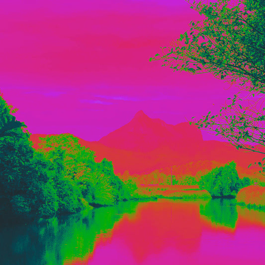 Vivid Country - Wollumbin Reflection Rous River Dulguigan Rd - 7905v8 - Close Detail View, a vibrant Pop Art fine art print showing Wollumbin (Mount Warning) reflected in the Rous River. Lush greenery frames a vivid fuchsia sky and water, blending bold magenta, coral, and emerald tones to create a surreal and emotionally charged landscape.