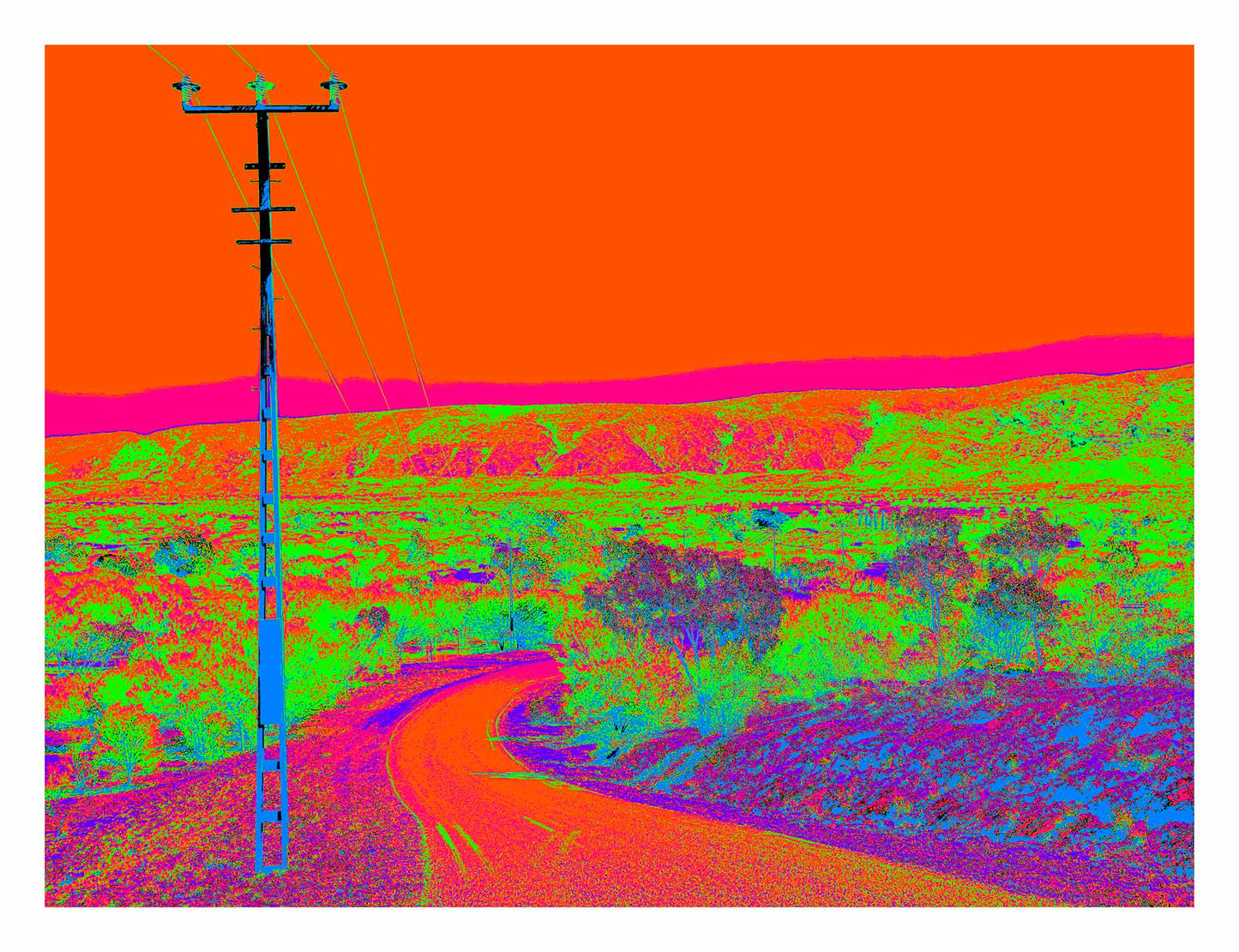 Vivid Country - Alice Springs Flinders Ranges -1243-4v1 - 104x81.5cm, a vibrantly stylised outback landscape with a lone power pole beside a winding road. Hyper-saturated colours depict red-orange skies, glowing magenta ridges, and neon green desert scrub, creating a surreal, psychedelic take on the Australian interior.