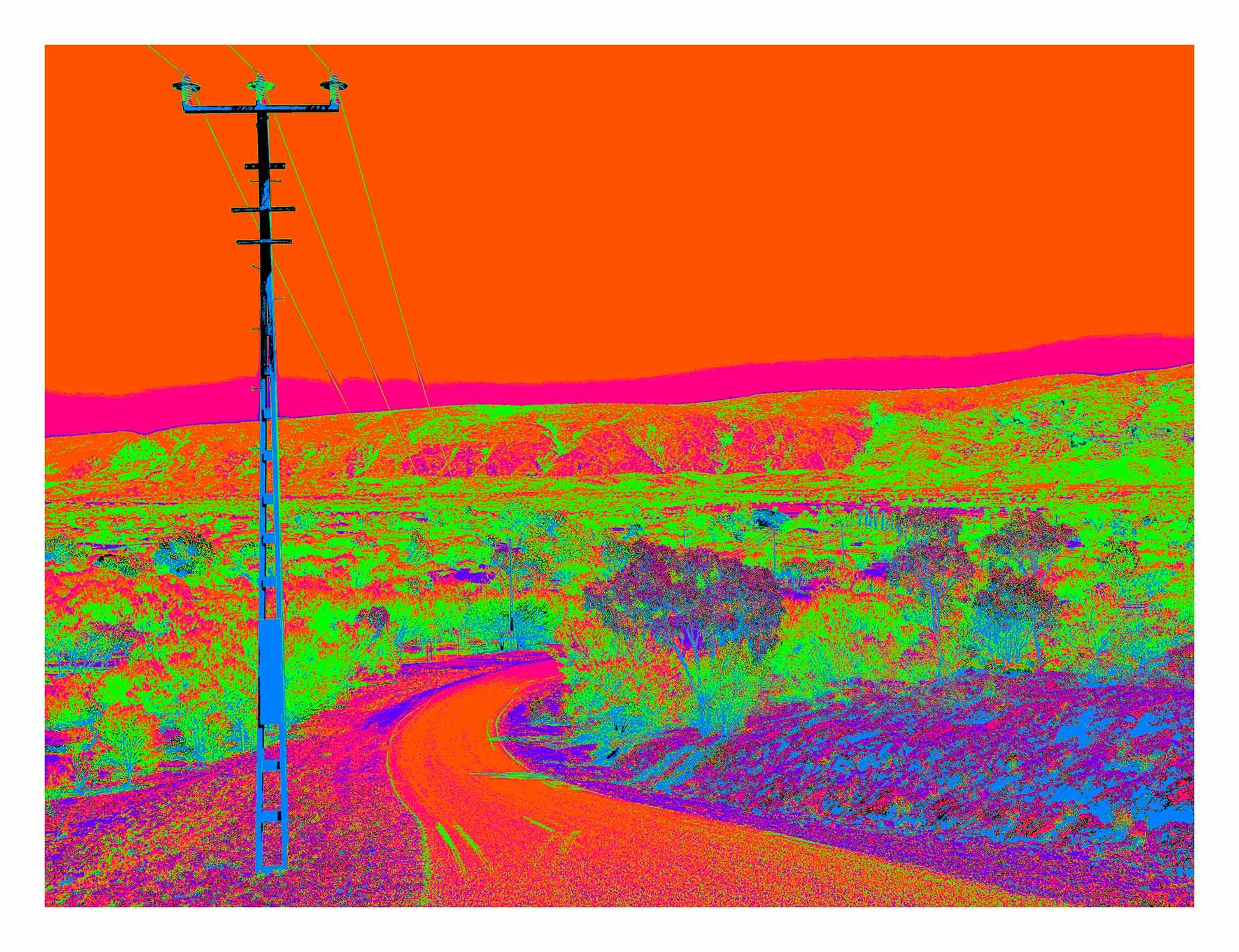 Vivid Country - Alice Springs Flinders Ranges -1243-4v1 - 104x81.5cm, a vibrantly stylised outback landscape with a lone power pole beside a winding road. Hyper-saturated colours depict red-orange skies, glowing magenta ridges, and neon green desert scrub, creating a surreal, psychedelic take on the Australian interior.