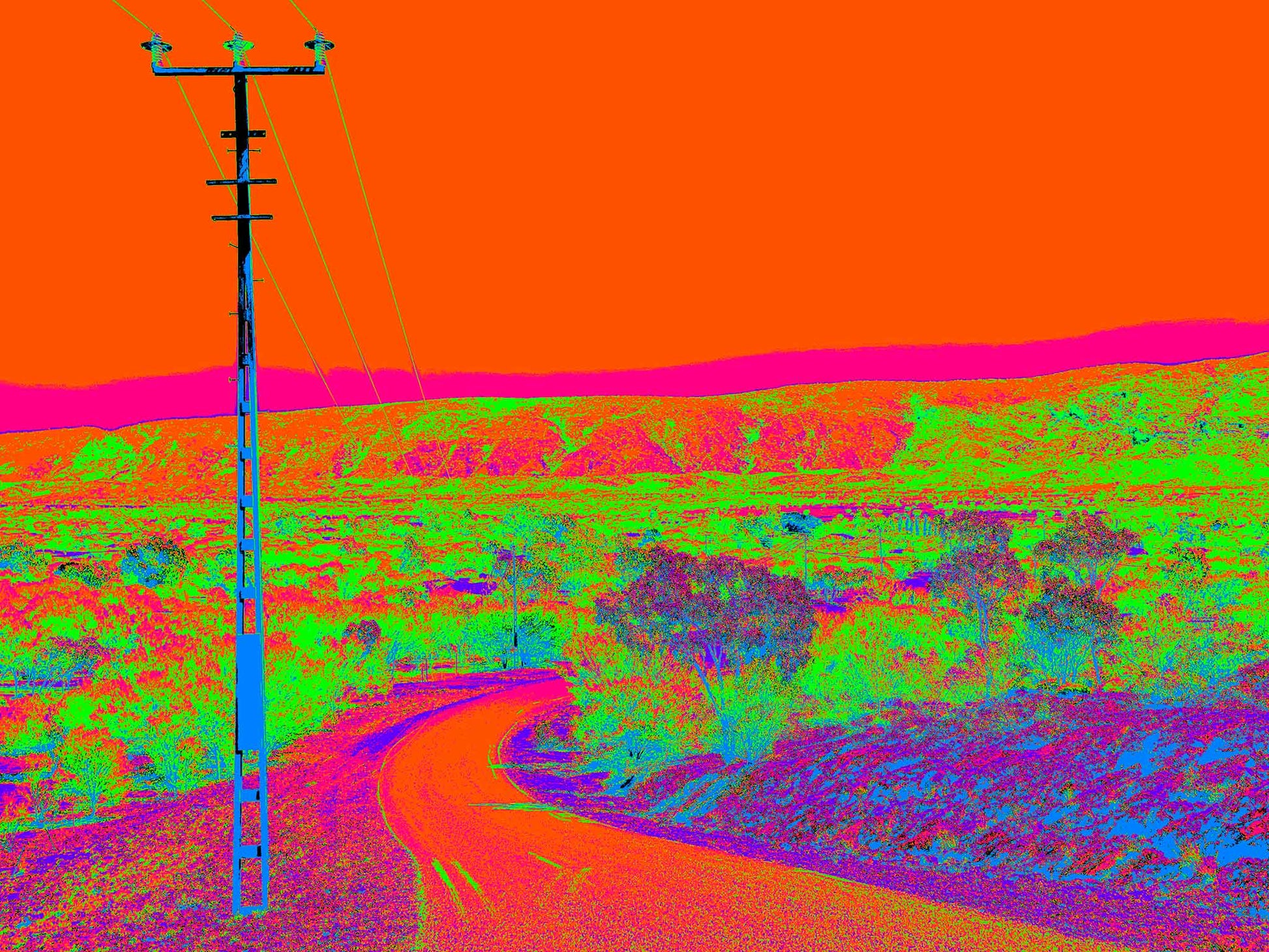 Vivid Country - Alice Springs Flinders Ranges -1243-4v1 - 90x67.5cm, a vibrantly stylised outback landscape with a lone power pole beside a winding road. Hyper-saturated colours depict red-orange skies, glowing magenta ridges, and neon green desert scrub, creating a surreal, psychedelic take on the Australian interior.