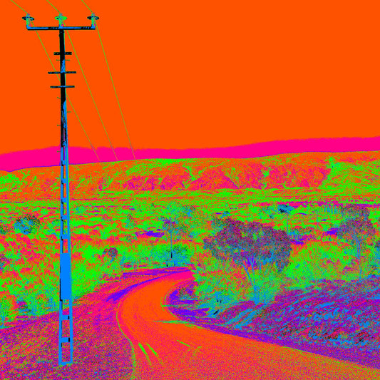 Vivid Country - Alice Springs Flinders Ranges -1243-4v1 - Close Detail View, a vibrantly stylised outback landscape with a lone power pole beside a winding road. Hyper-saturated colours depict red-orange skies, glowing magenta ridges, and neon green desert scrub, creating a surreal, psychedelic take on the Australian interior.