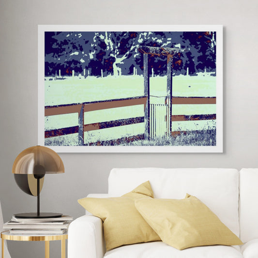 Vivid Country - Armidale Puddledock Road Gate - 0828v26 - Room View, a stylised rural gate stands beneath a weathered timber post and rail fence, set against a high-contrast pop art palette of soft mint green fields and deep navy treetops.