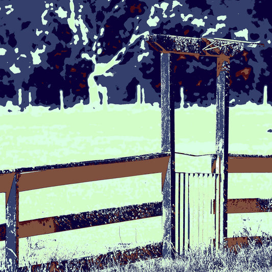 Vivid Country - Armidale Puddledock Road Gate - 0828v26 - Close Detail View, a stylised rural gate stands beneath a weathered timber post and rail fence, set against a high-contrast pop art palette of soft mint green fields and deep navy treetops.