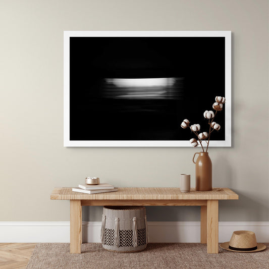 Dancing into the Light 7868 - Room View, monochrome fine art print of light movement captured in minimalist form, limited edition by Raymond Mather, ART1.