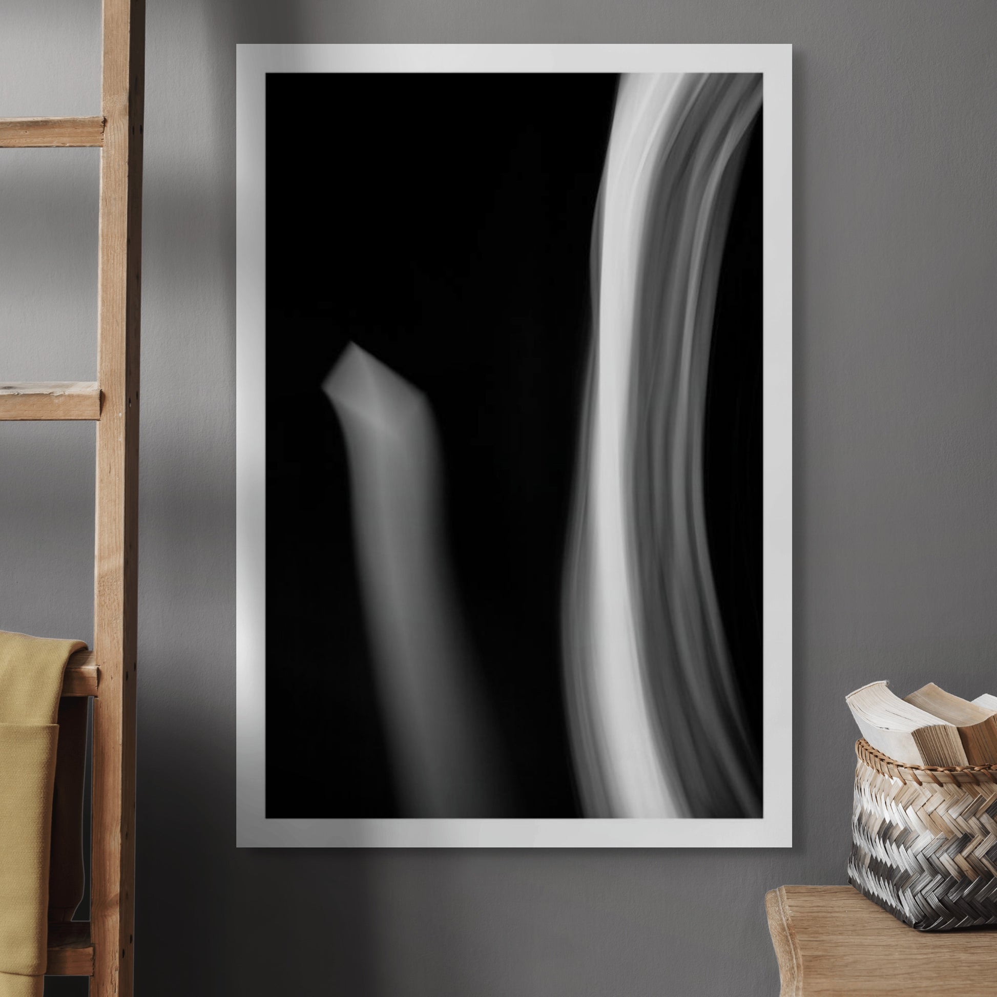 Dancing into the Light 7884v3 - Room View, black and white minimalist light drawing expressing movement, limited edition fine art print by Raymond Mather, ART1 collection.