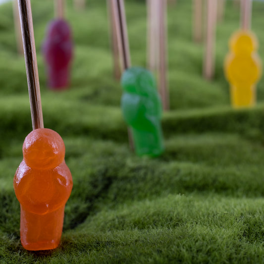 Babes in the Woods 2613v1 - Close Detail View, whimsical fine art photograph featuring colourful jelly baby figures on green textured terrain, skewered on sticks, evoking themes of innocence, absurdity, and surreal displacement. Limited edition print by Raymond Mather, ART1.