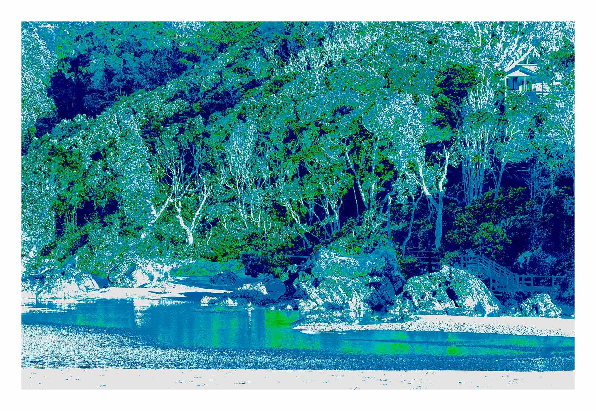 Vivid Country - Bonville Creek The Stairs from Bonville Headland Lookout - 7518v18 - 104x74cm, a hidden staircase descends through coastal forest to a calm, aqua-toned inlet, with rocks and overhanging trees in radiant blue-green hues creating a dreamlike pop art landscape.