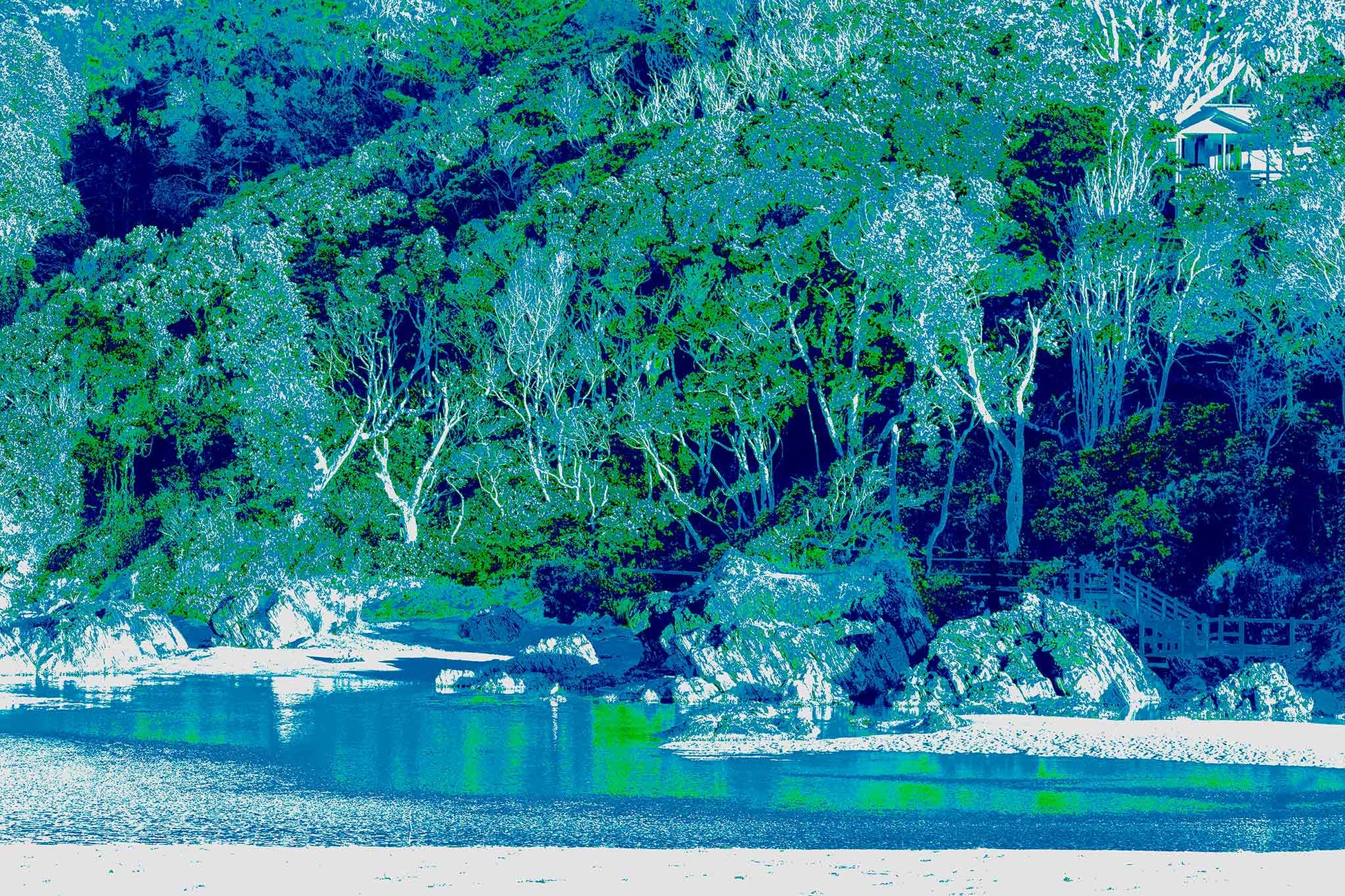 Vivid Country - Bonville Creek The Stairs from Bonville Headland Lookout - 7518v18 - 90x60cm, a hidden staircase descends through coastal forest to a calm, aqua-toned inlet, with rocks and overhanging trees in radiant blue-green hues creating a dreamlike pop art landscape.