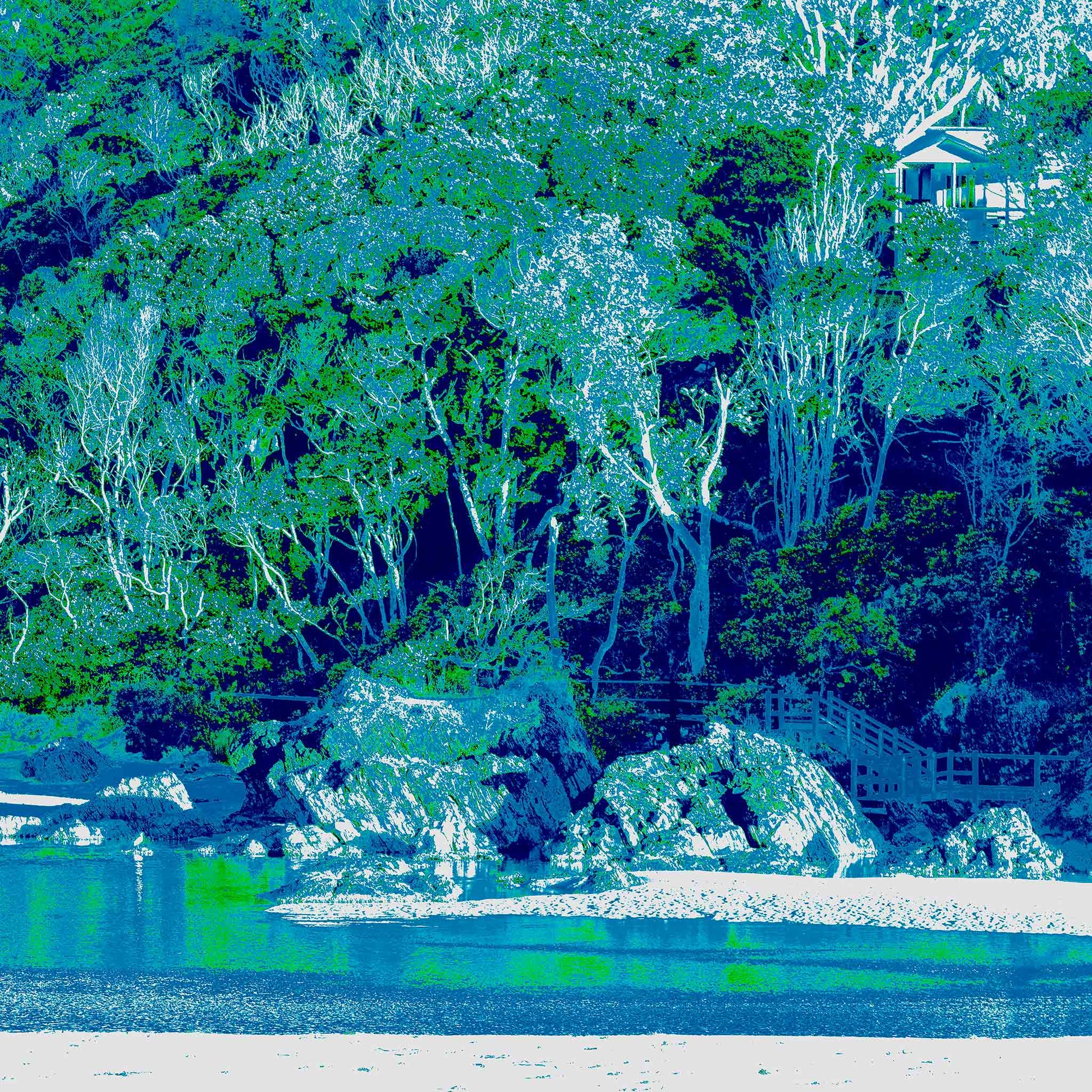 Vivid Country - Bonville Creek The Stairs from Bonville Headland Lookout - 7518v18 - Close Detail View, a hidden staircase descends through coastal forest to a calm, aqua-toned inlet, with rocks and overhanging trees in radiant blue-green hues creating a dreamlike pop art landscape.
