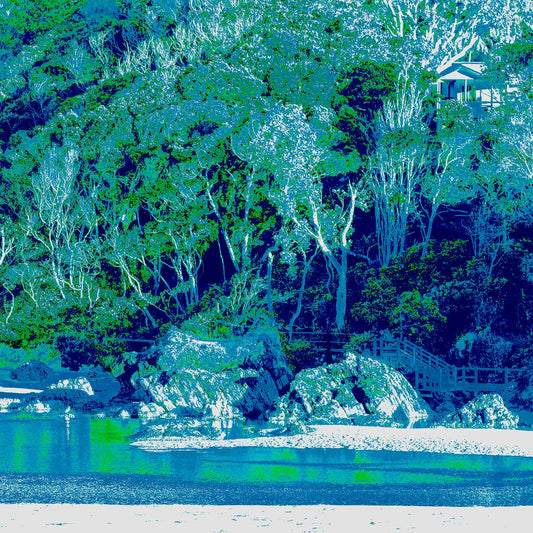Vivid Country - Bonville Creek The Stairs from Bonville Headland Lookout - 7518v18 - Close Detail View, a hidden staircase descends through coastal forest to a calm, aqua-toned inlet, with rocks and overhanging trees in radiant blue-green hues creating a dreamlike pop art landscape.