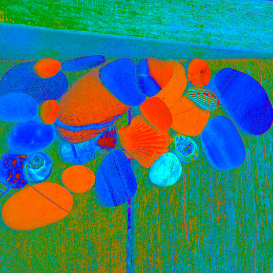 Vivid Country - Bucca Swans Rd Shells on the Step - 1174v8 - Close Detail View, a vivid collection of colourful shells and stones rests on a wooden step, transformed into an electrified still life through rich green, orange, and blue tones.