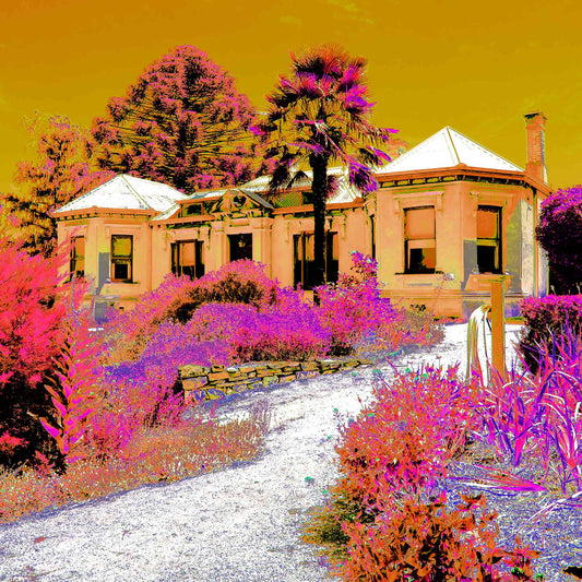 Vivid Country - Castlemaine Buda Historic Home - 4296v25a - Close Detail View, a historic gold rush-era villa surrounded by lush gardens and towering trees, rendered in a psychedelic blend of magenta, ochre, and pink tones beneath a golden sky.