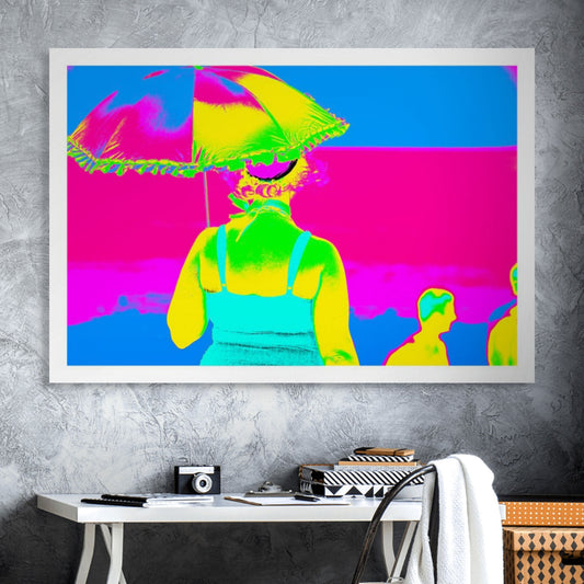 Vivid Country - Coffs Harbour Beach Day Out - 36904663v7 - Room View, a woman in a vintage swimsuit and sun hat holding a rainbow parasol, rendered in ultra-saturated neon tones against a vivid pink sky, capturing the playful spirit of Australian beach life.