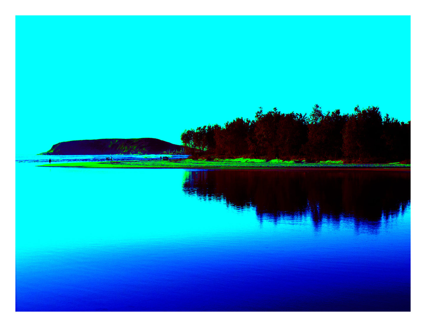 Vivid Country - Coffs Harbour Coffs Creek - 0122v11b - 104x81.5cm, a calm estuary reflects the silhouette of mangrove trees with Muttonbird Island in the distance, rendered in bold cyan, blue, and green pop-style colour.