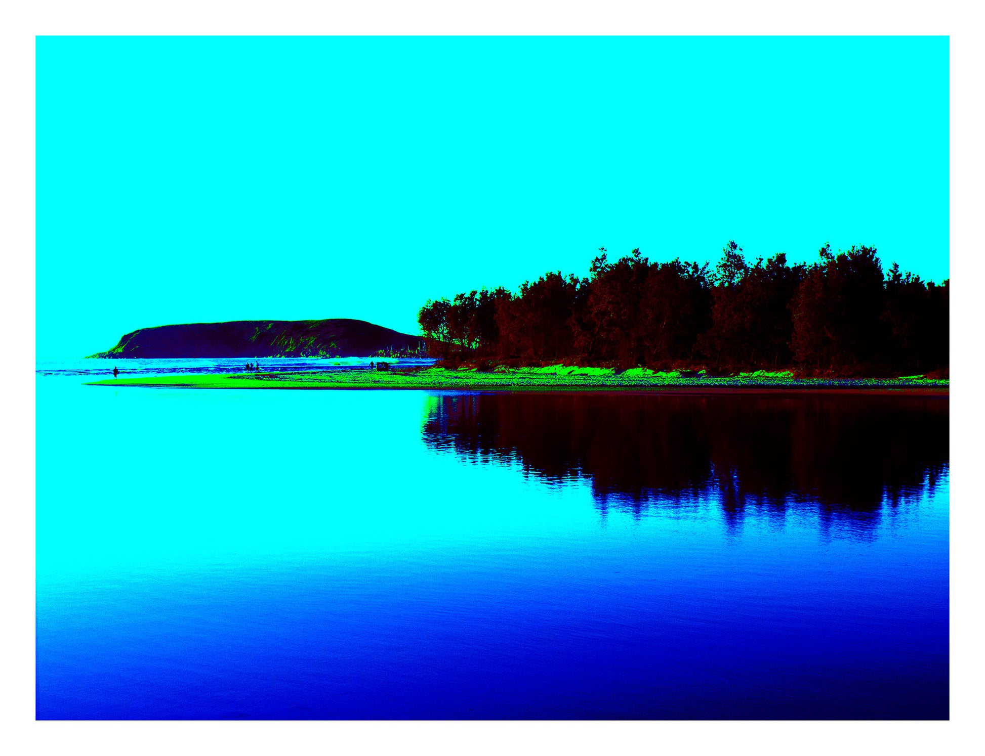 Vivid Country - Coffs Harbour Coffs Creek - 0122v11b - 104x81.5cm, a calm estuary reflects the silhouette of mangrove trees with Muttonbird Island in the distance, rendered in bold cyan, blue, and green pop-style colour.