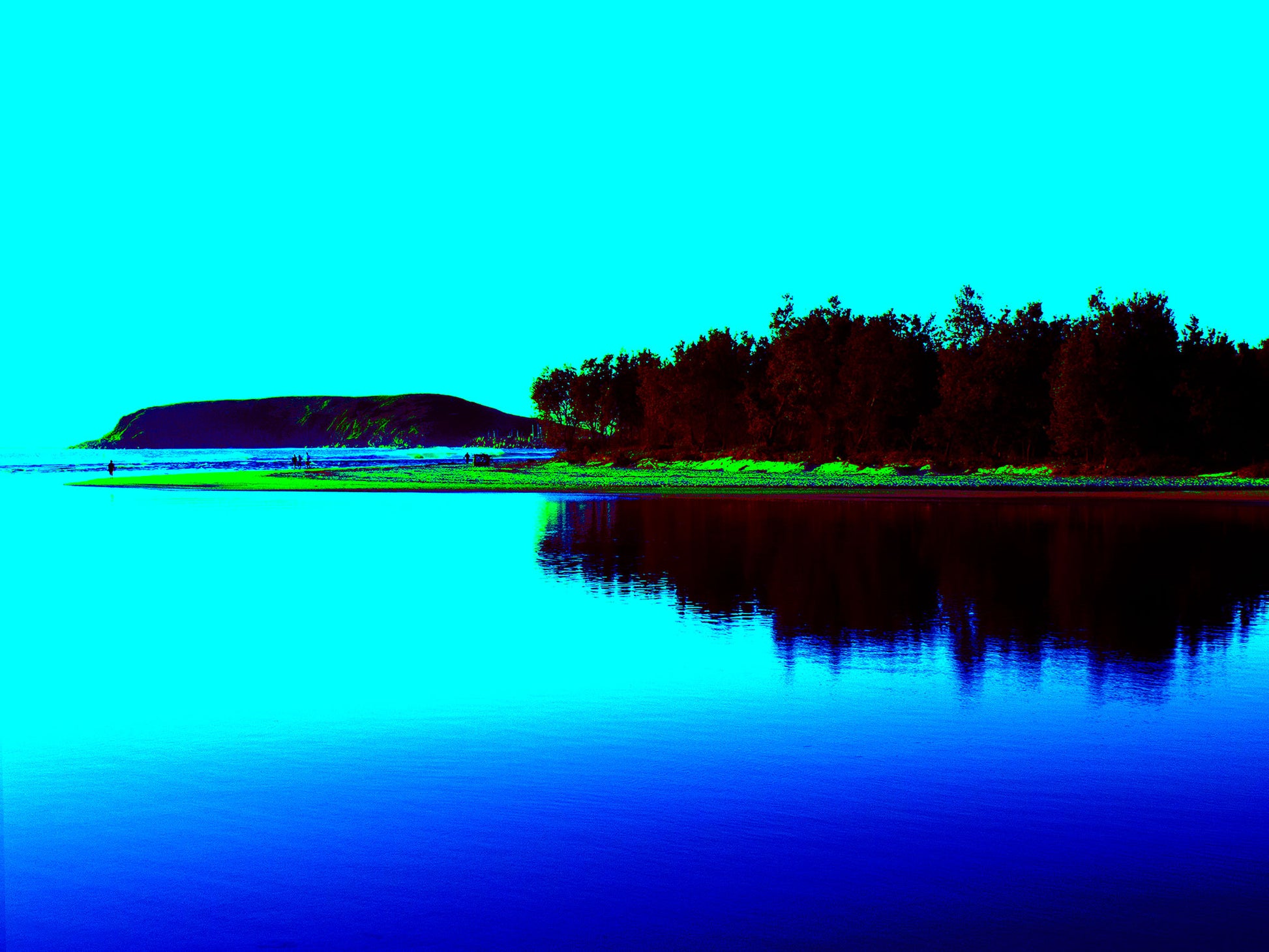 Vivid Country - Coffs Harbour Coffs Creek - 0122v11b - 90x67.5cm, a calm estuary reflects the silhouette of mangrove trees with Muttonbird Island in the distance, rendered in bold cyan, blue, and green pop-style colour.
