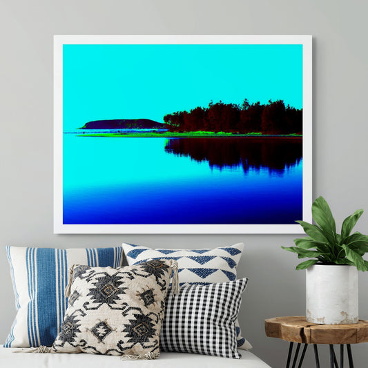 Vivid Country - Coffs Harbour Coffs Creek - 0122v11b - Room View, a calm estuary reflects the silhouette of mangrove trees with Muttonbird Island in the distance, rendered in bold cyan, blue, and green pop-style colour.