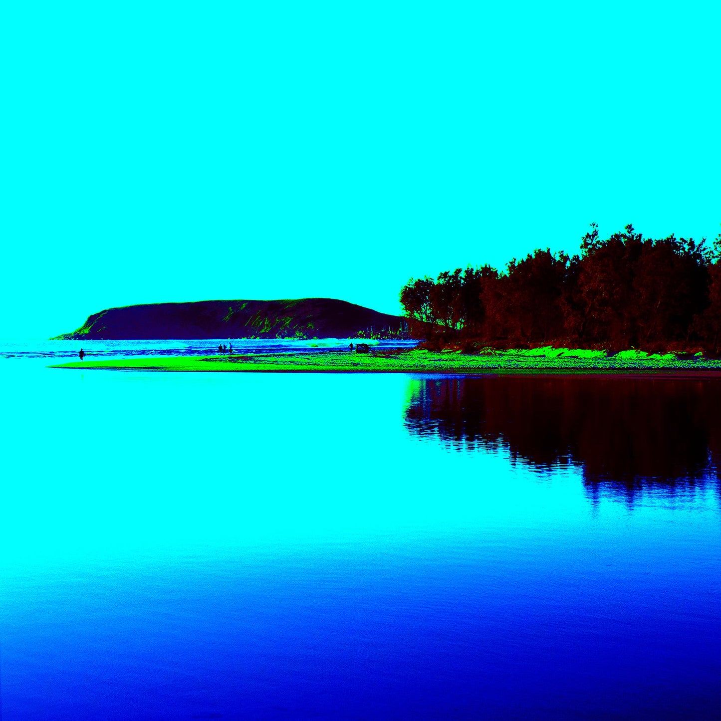 Vivid Country - Coffs Harbour Coffs Creek - 0122v11b - Close Detail View, a calm estuary reflects the silhouette of mangrove trees with Muttonbird Island in the distance, rendered in bold cyan, blue, and green pop-style colour.
