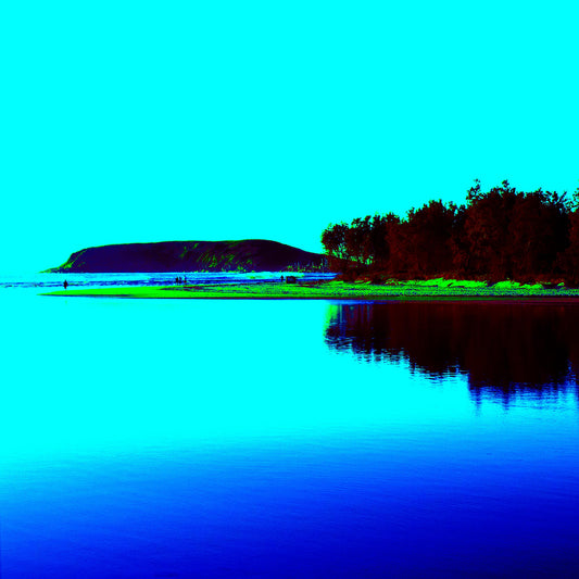 Vivid Country - Coffs Harbour Coffs Creek - 0122v11b - Close Detail View, a calm estuary reflects the silhouette of mangrove trees with Muttonbird Island in the distance, rendered in bold cyan, blue, and green pop-style colour.