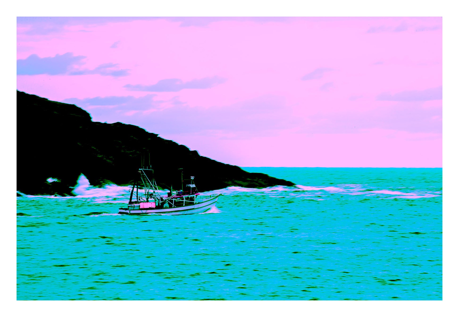 Vivid Country - Coffs Harbour Fishing Trawler - 6900025-2v21a - 104x74cm, a fishing trawler sails near Mutton Bird Island in turquoise waters under a pastel pink and violet sky, rendered in bold pop-art style.
