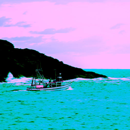 Vivid Country - Coffs Harbour Fishing Trawler - 6900025-2v21a - Close Detail View, a fishing trawler sails near Mutton Bird Island in turquoise waters under a pastel pink and violet sky, rendered in bold pop-art style.