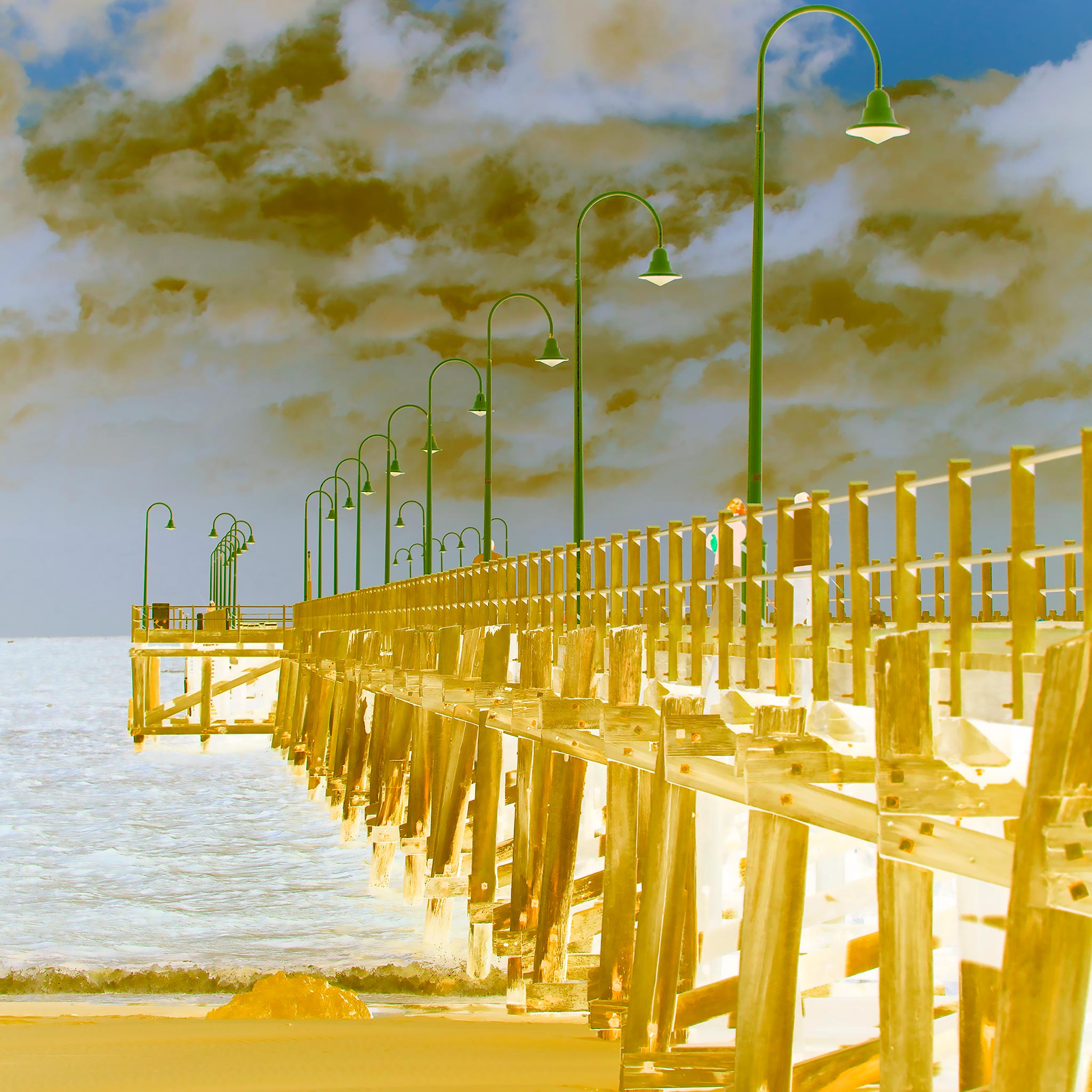 Vivid Country - Coffs Harbour Jetty - 6518v9a - Close Detail View, a fine art pop-style image of the Coffs Harbour Jetty under a moody sky, featuring golden timber tones and bright green lamp posts leading into the distance.
