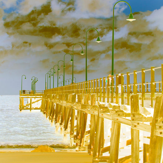 Vivid Country - Coffs Harbour Jetty - 6518v9a - Close Detail View, a fine art pop-style image of the Coffs Harbour Jetty under a moody sky, featuring golden timber tones and bright green lamp posts leading into the distance.