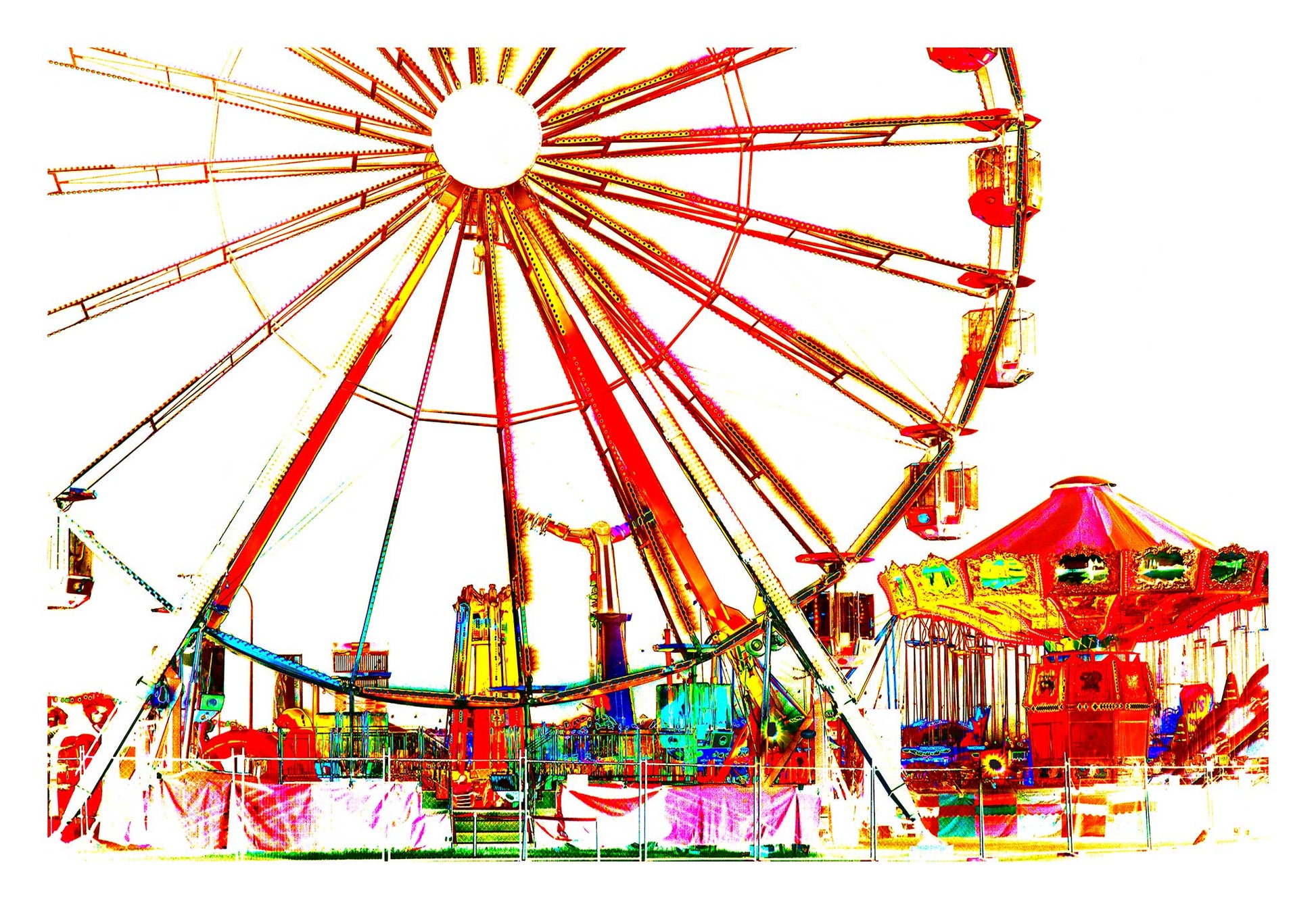 Vivid Country - Coffs Harbour Jetty Carnival - 6900075v2d - 104x74cm, a bold and vibrant pop-art style image of a carnival with a Ferris wheel and carousel in fiery reds, yellows, and high contrast against a bright white background.