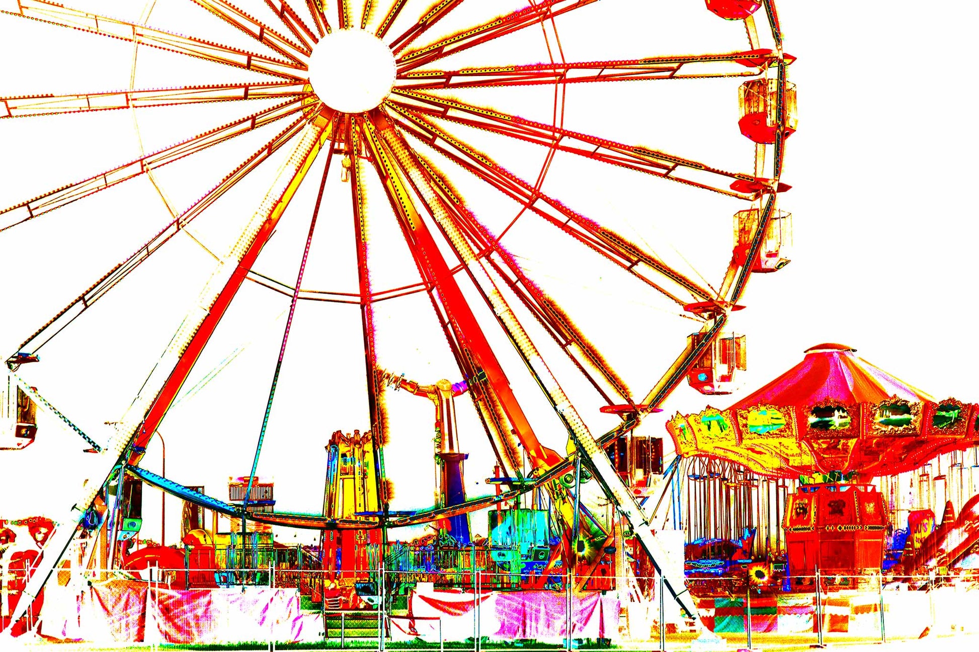 Vivid Country - Coffs Harbour Jetty Carnival - 6900075v2d - 90x60cm, a bold and vibrant pop-art style image of a carnival with a Ferris wheel and carousel in fiery reds, yellows, and high contrast against a bright white background.