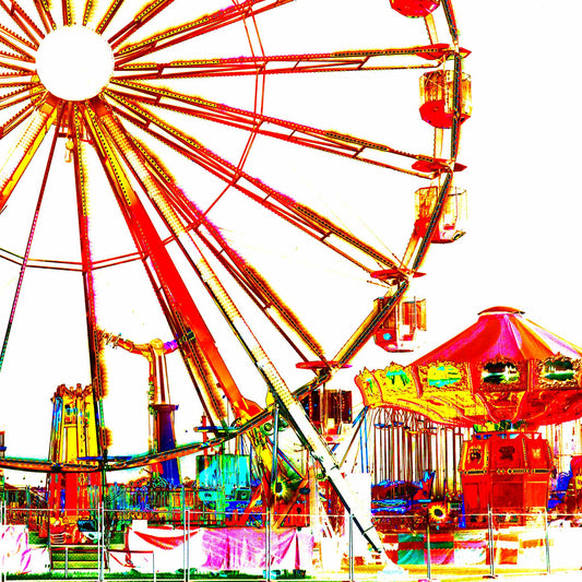 Vivid Country - Coffs Harbour Jetty Carnival - 6900075v2d - Close Detail View, a bold and vibrant pop-art style image of a carnival with a Ferris wheel and carousel in fiery reds, yellows, and high contrast against a bright white background.