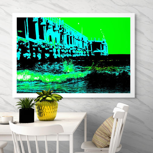 Vivid Country - Coffs Harbour Jetty Wave - 2051v5 - Room View, a bold pop-art rendition of the Coffs Harbour Jetty with a crashing green wave in the foreground and angular timber structures cast in aqua and black silhouette.