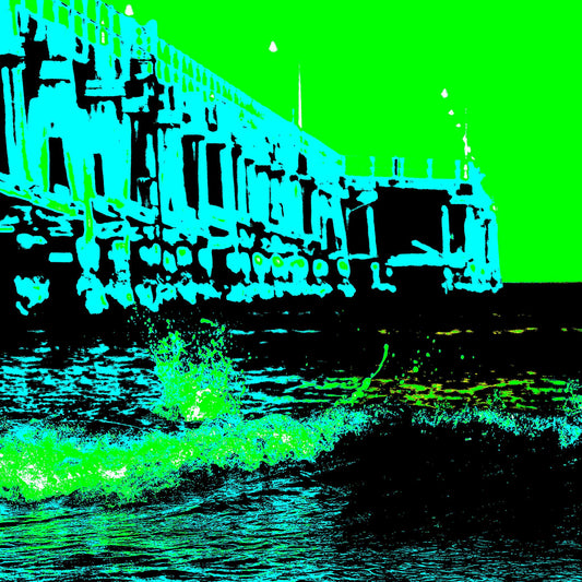 Vivid Country - Coffs Harbour Jetty Wave - 2051v5 - Close Detail View, a bold pop-art rendition of the Coffs Harbour Jetty with a crashing green wave in the foreground and angular timber structures cast in aqua and black silhouette.