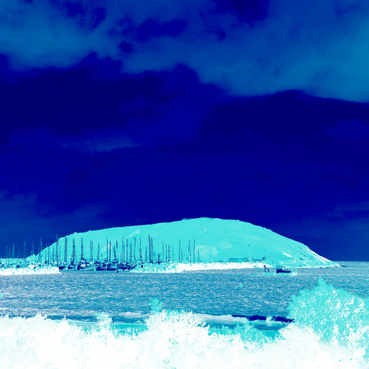 Vivid Country - Coffs Harbour Mutton Bird Island - 6580v4 - Close Detail View, a pop-art reinterpretation of the coastal landmark, featuring inverted blue and turquoise tones, with marina masts silhouetted against a glowing headland and moody sky.
