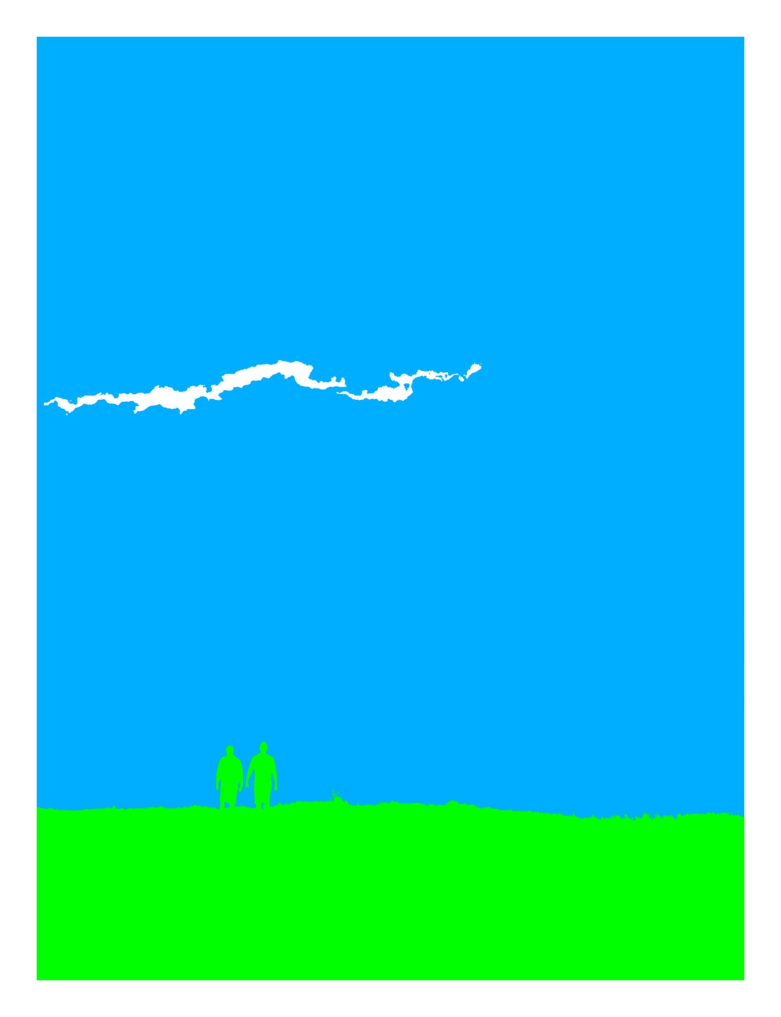 Vivid Country - Coffs Harbour Mutton Bird Island Walk - 0037-2v10b - 81.5x104cm, two silhouetted figures walk across bright green land beneath a strikingly minimalist cyan sky, with a single cloud above, bold, pop-inspired minimalism.