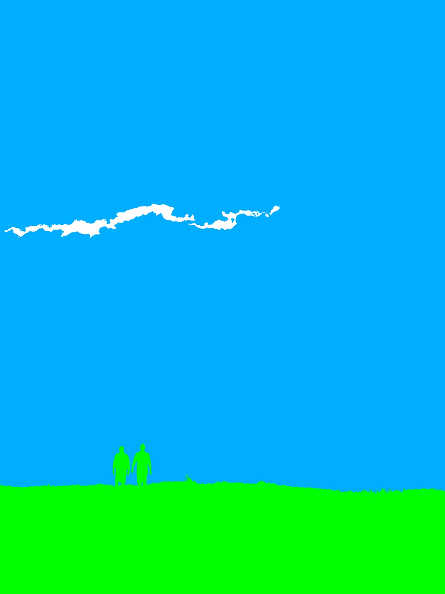 Vivid Country - Coffs Harbour Mutton Bird Island Walk - 0037-2v10b - 67.5x90cm, two silhouetted figures walk across bright green land beneath a strikingly minimalist cyan sky, with a single cloud above, bold, pop-inspired minimalism.